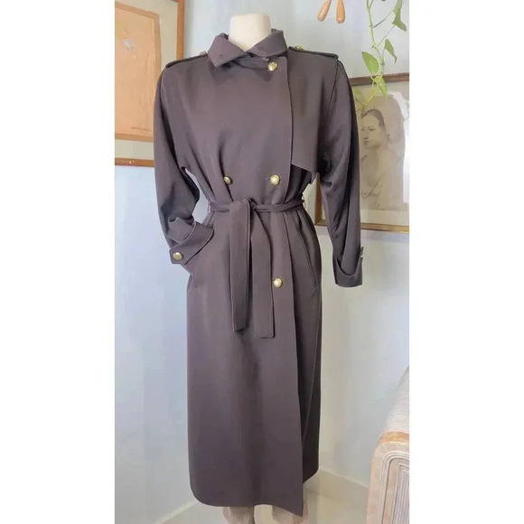 Vintage Larry Levine Gold Button Double-Breasted Brown 80s Trench Coat Size 4 - Picture 2 of 8